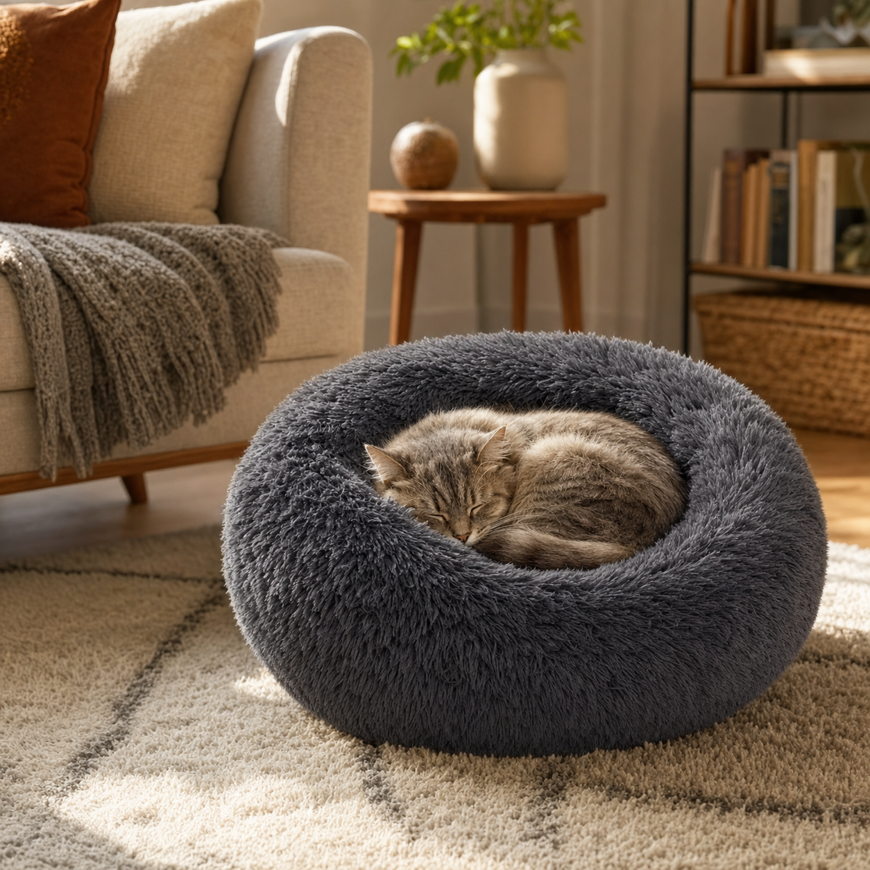 Cat curled up asleep in the Calm Cloud donut bed at home