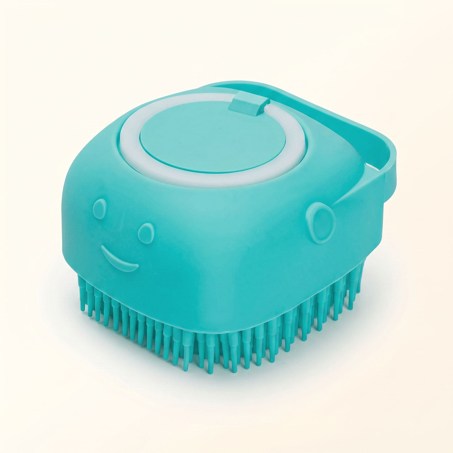 LunaPaw Bath Brush — studio shot, teal silicone with shampoo dispenser