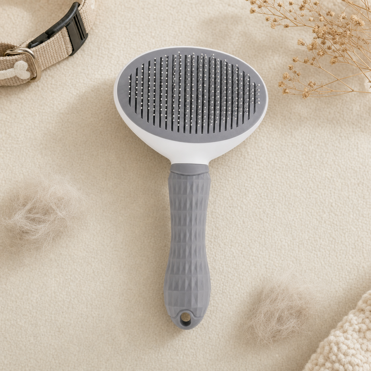 Flat lay of the Magic Comb with collected pet fur beside a collar
