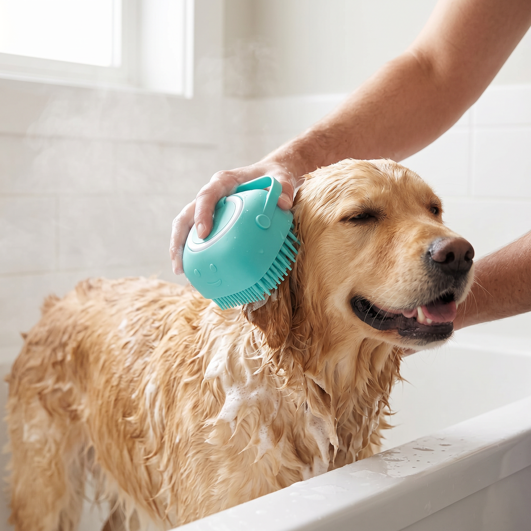 Teal LunaPaw Bath Brush with flush white lid lathering a golden retriever in the tub