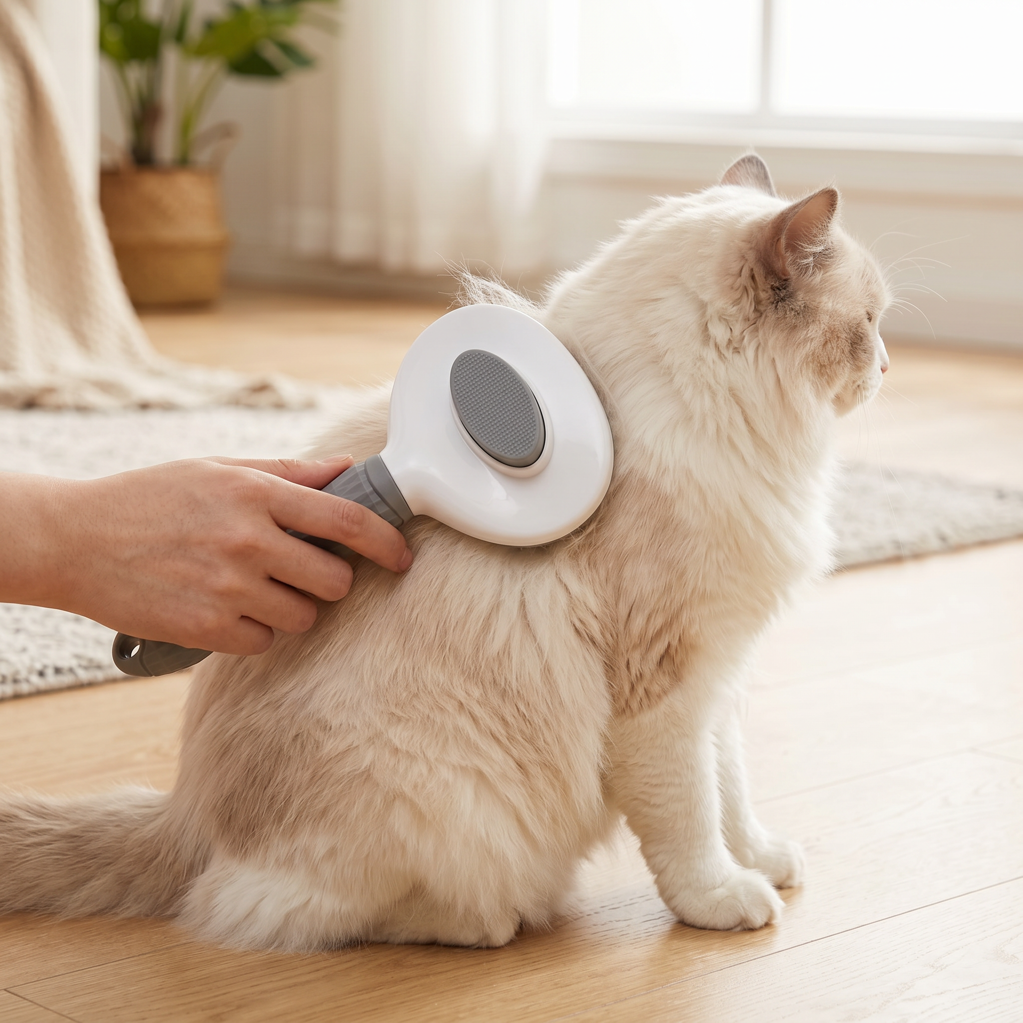 1-Click Magic Comb grooming a long-haired cat — oval anti-slip eject pad visible