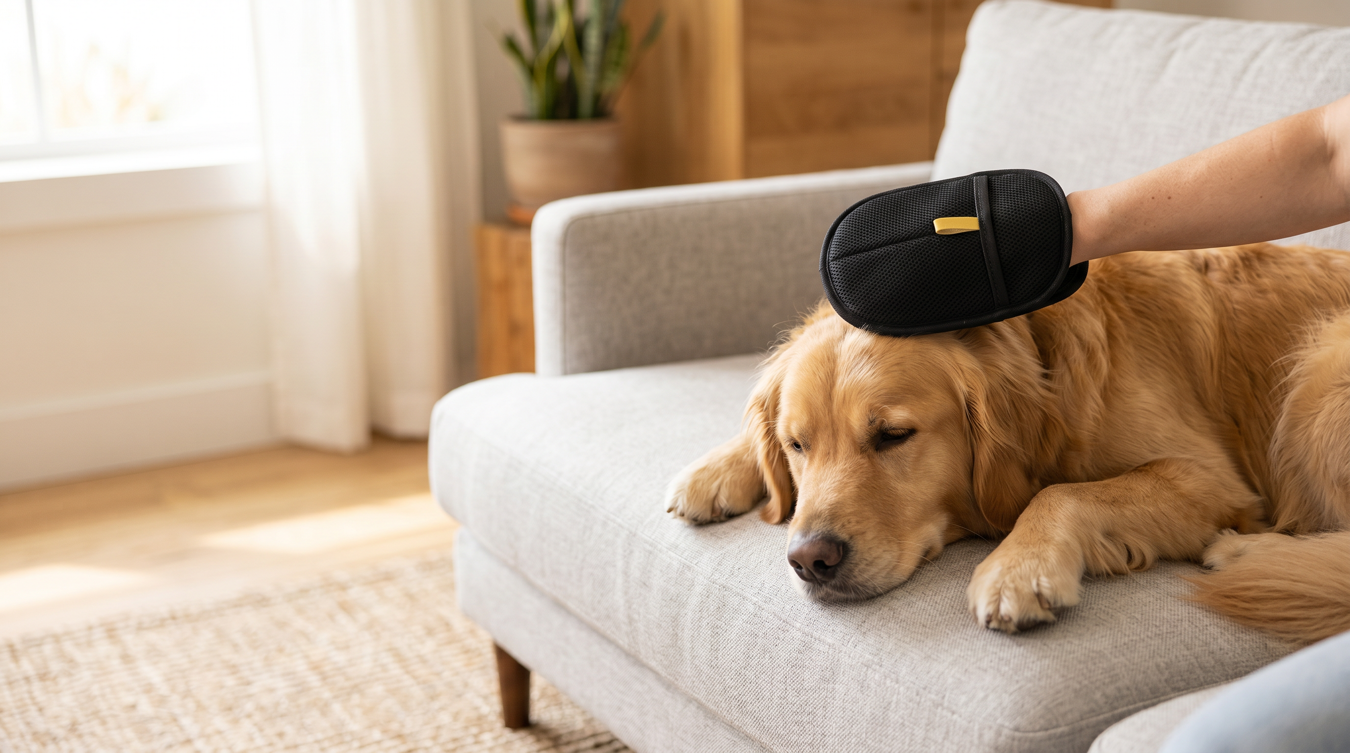 De-Shed Mitt (clean mesh back visible) grooming a golden retriever on a couch
